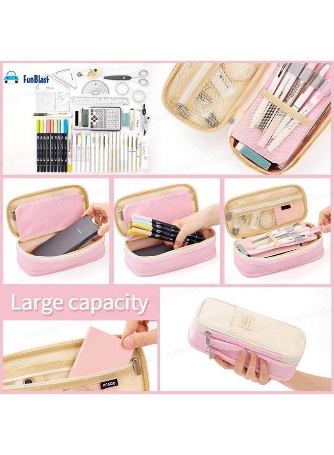 فنبلاست حافظة أقلام فن بلاست كبيرة السعة، متعددة الجيوب بسحاب مزدوج، حقيبة أقلام محمولة، حقيبة جمالية، حافظة أقلام كاواي، حقائب لطيفة للفتيات، حقيبة تنظيم أدوات مكتبية (وردي) - Image 3
