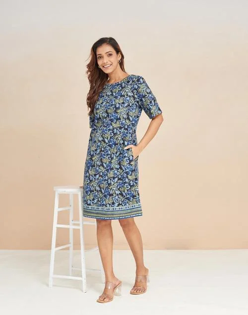 فاب انديا فستان قصير قطني مطبوع يدويًا باللون الأخضر