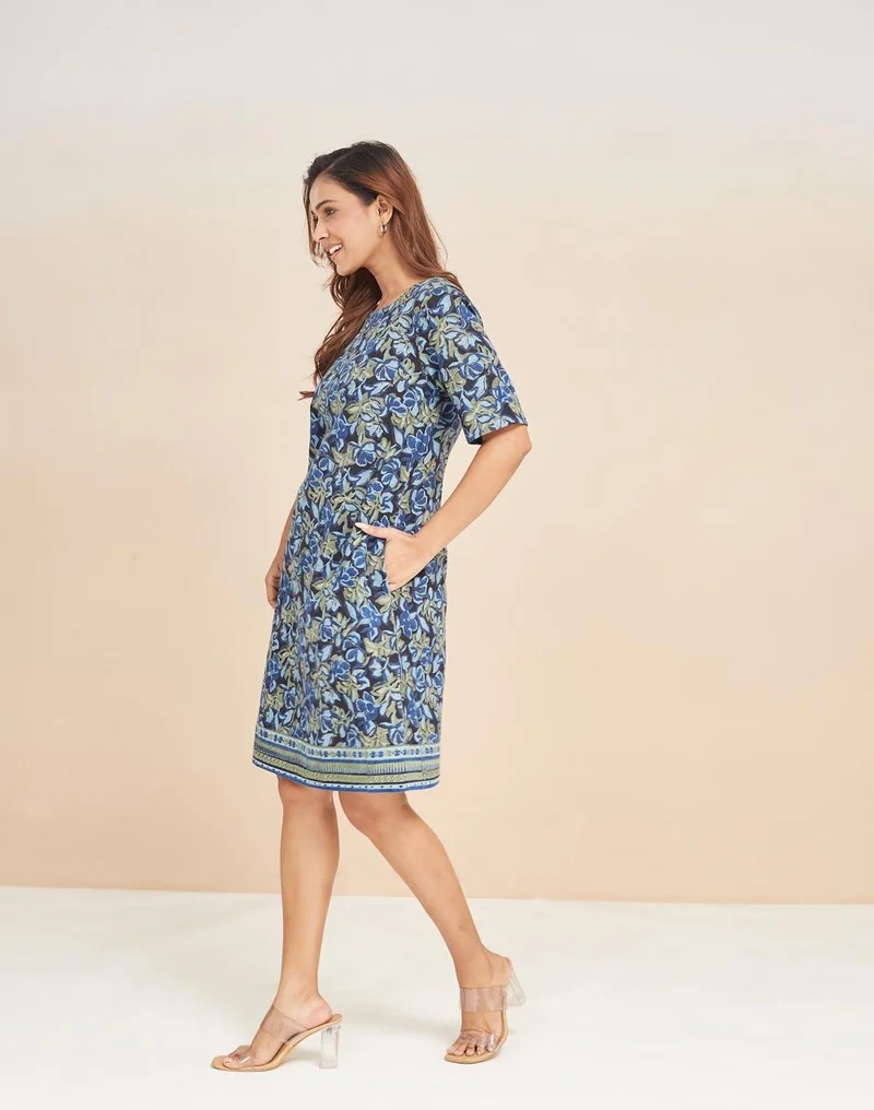 Fabindia  Green Cotton Hand Block Printed Short Dress for Women | Best Price UAE