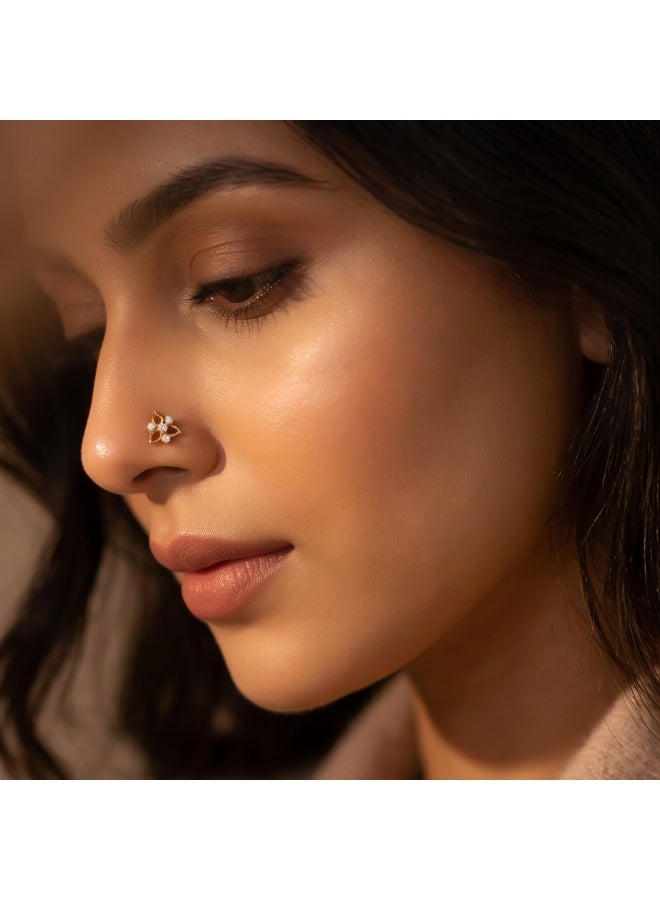Bafleh Jewellery Floral Diamond Nose Pin in 18K Yellow Gold with Openwork Leaf Cluster Design - Image 4