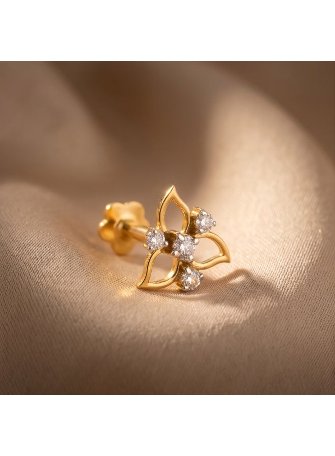 Bafleh Jewellery Floral Diamond Nose Pin in 18K Yellow Gold with Openwork Leaf Cluster Design - Image 1