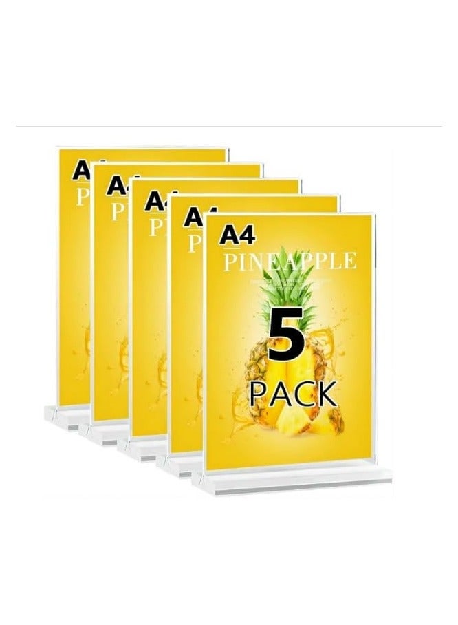 Slasa SLASA Acrylic Sign Holder A4 – Double Sided Clear T Shape Table Top Display Stand, Portrait Style Menu Holder for Office, Restaurant, Store, Promotions, Photo Frame (Pack of 5) 