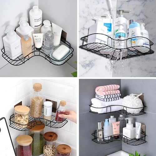 Homeor Multipurpose Self Adhesive Corner Shelf for Bathroom/Kitchen Wall Mounted Rack Shelf Shower Caddy with Magic Sticker Bathroom Organizer Without Drill, Pack of 2, Black Powder Coated - Image 5