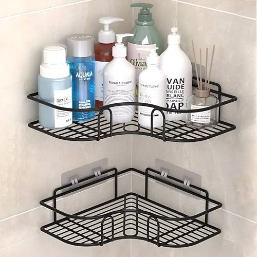 Homeor Multipurpose Self Adhesive Corner Shelf for Bathroom/Kitchen Wall Mounted Rack Shelf Shower Caddy with Magic Sticker Bathroom Organizer Without Drill, Pack of 2, Black Powder Coated - Image 1