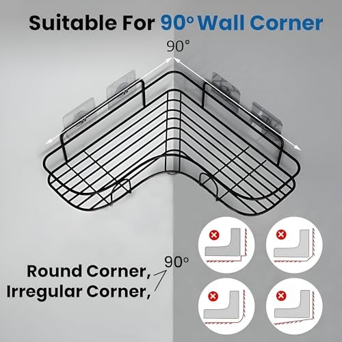 Homeor Multipurpose Self Adhesive Corner Shelf for Bathroom/Kitchen Wall Mounted Rack Shelf Shower Caddy with Magic Sticker Bathroom Organizer Without Drill, Pack of 2, Black Powder Coated - Image 4