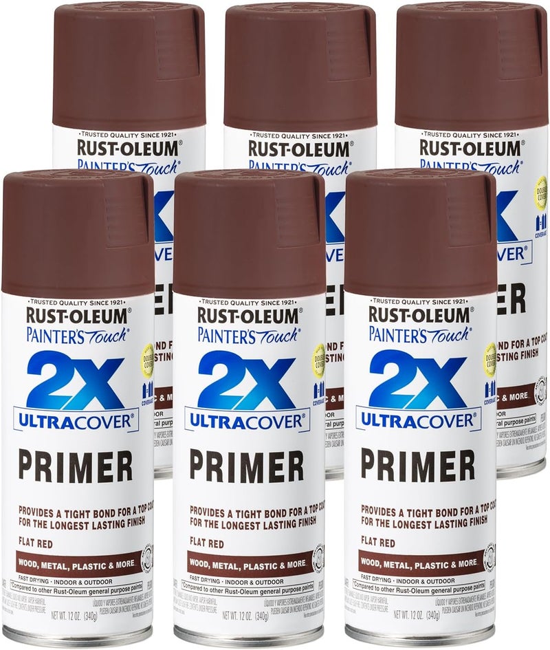 RUST-OLEUM 334018-6PK Painter's Touch 2X Ultra Cover Spray Primer, 12 oz, Flat Red, 6 Pack - Image 1