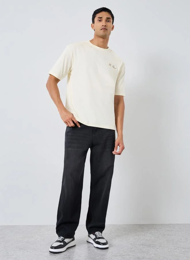 Styli Men Cream Embroidered Oversized T-Shirt