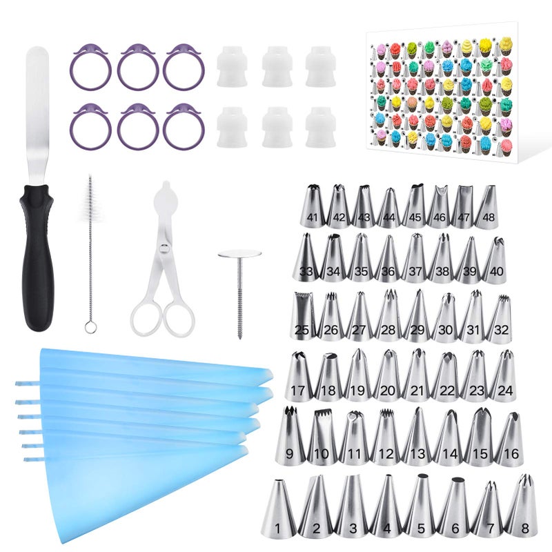 Kasmoire 70 Pcs CakeCupcake Decorating Supplies Tips kit48 Numbered Piping Tips  6 Reusable Pastry bag with Pattern Chart  Flower Nail Icing SpatulaCleaning Brush 6 Couplers  Icing Bag Ties
