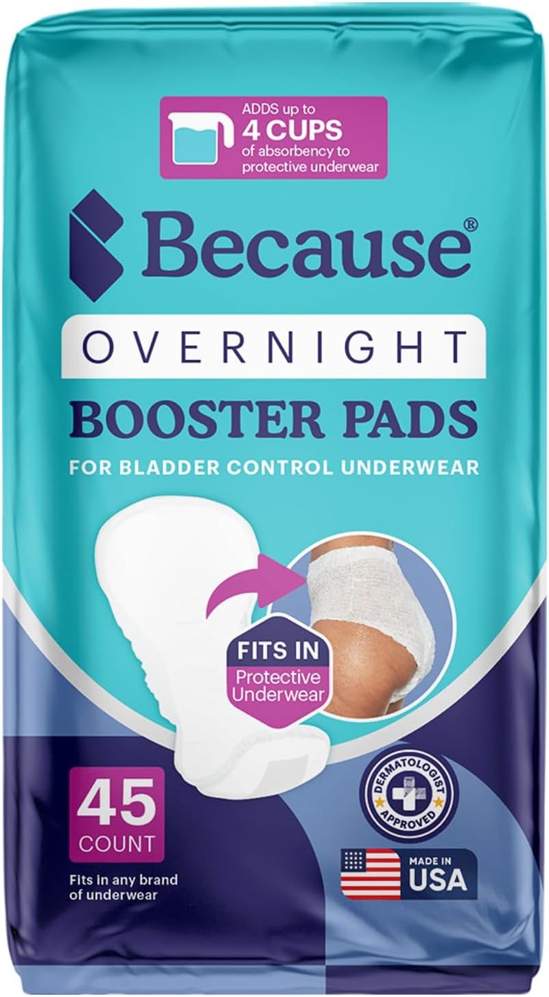 because Premium Incontinence Booster Pads for Men and Women Adds Extra Absorbency to Adult Diapers Super Soft Adhesive Strip Backing Unisex 45 Count - Image 1