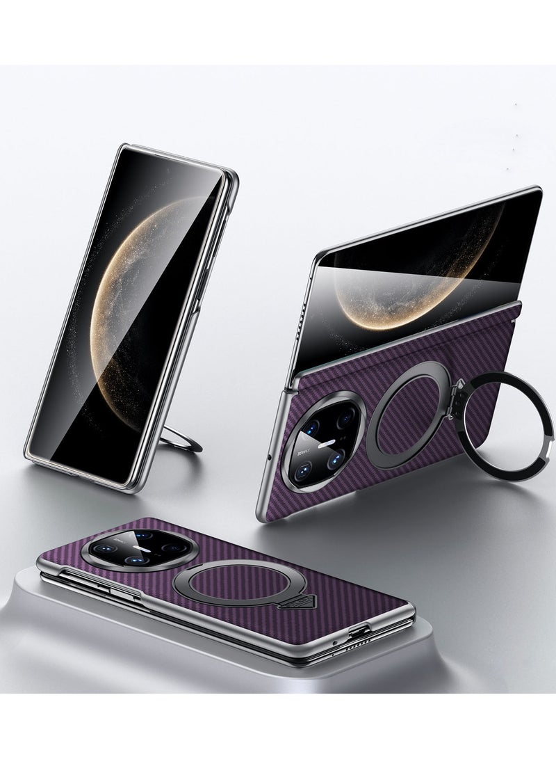general Magnetic Case for Huawei Mate X6, Genuine Leather Carbon Fiber Texture Case with Ring Support Luxury Anti-fingerprint Case