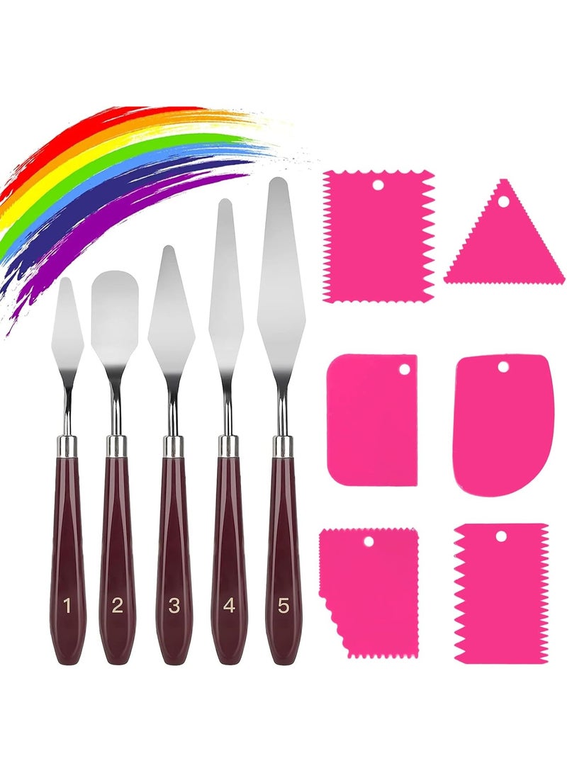 مجموعة سكاكين لوحة من 11 قطعة، 5 قطع من سكاكين لوحة من الفولاذ المقاوم للصدأ و6 قطع من مكاشط بلاستيكية، ملحقات الرسم للرسم على القماش الزيتي والأكريليك وخلط الألوان وتطبيقات الطلاء السميك (وردي) - Image 1
