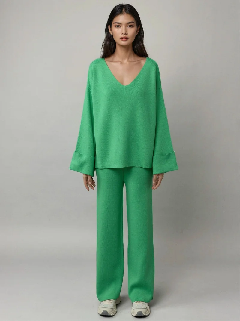 MY FASHION Green MY FASHION V- neck Sweater & High Waist Pants Knitwear Set for Women | Best Price UAE