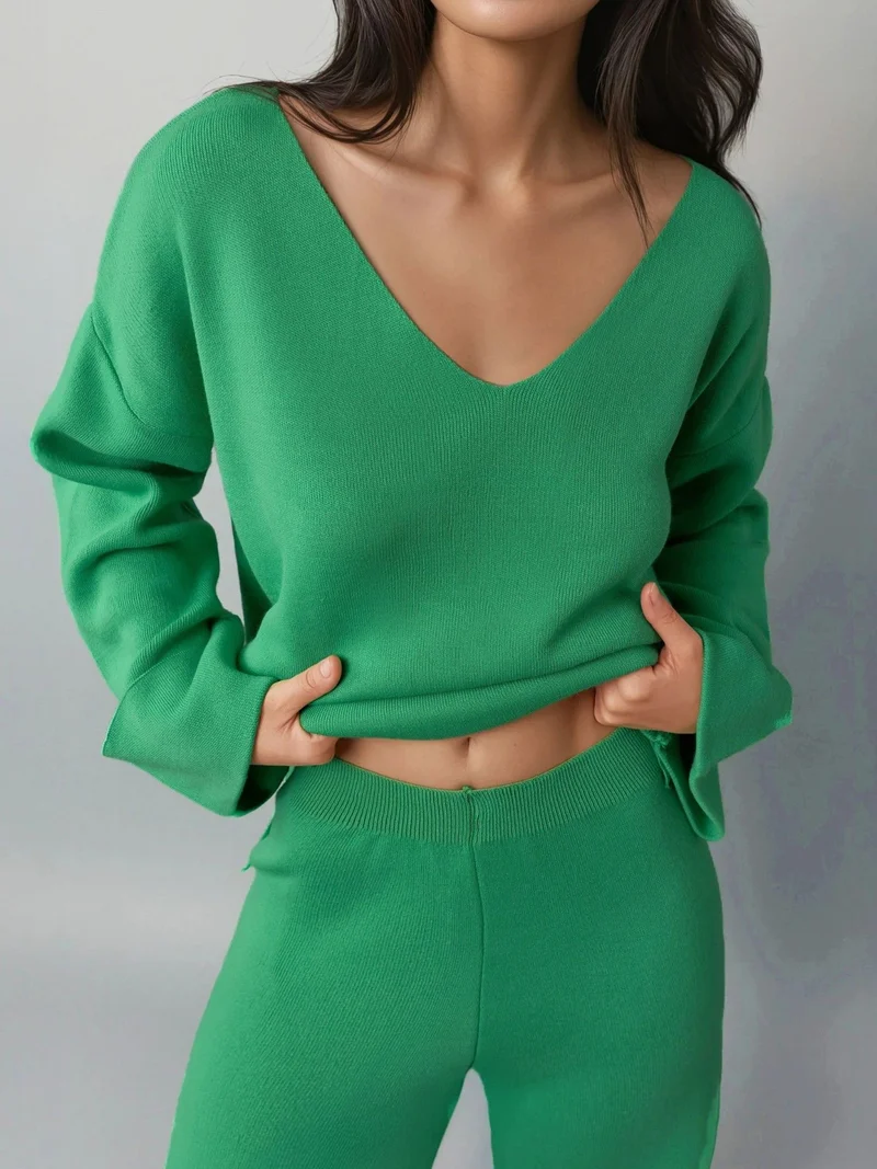 MY FASHION Green MY FASHION V- neck Sweater & High Waist Pants Knitwear Set for Women | Best Price UAE