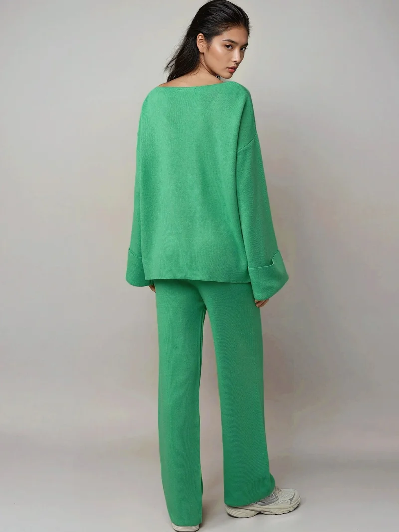 MY FASHION Green MY FASHION V- neck Sweater & High Waist Pants Knitwear Set for Women | Best Price UAE