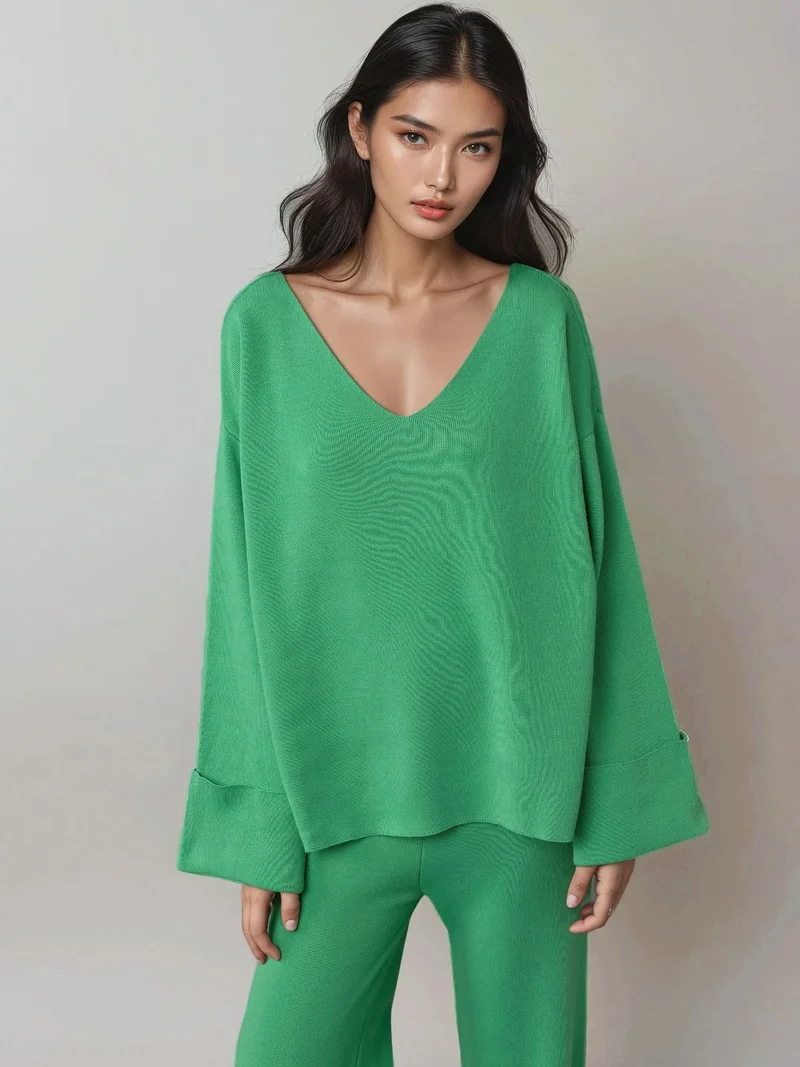 MY FASHION Green MY FASHION V- neck Sweater & High Waist Pants Knitwear Set for Women | Best Price UAE
