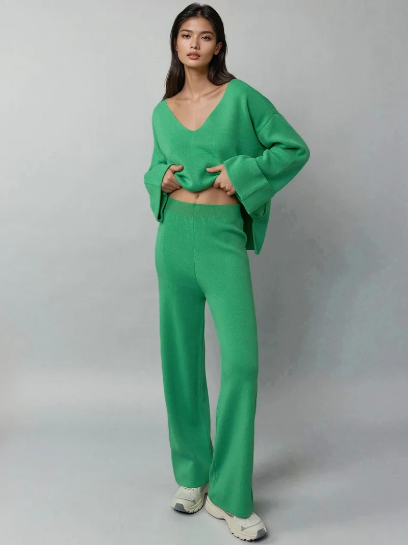 MY FASHION Green MY FASHION V- neck Sweater & High Waist Pants Knitwear Set for Women | Best Price UAE