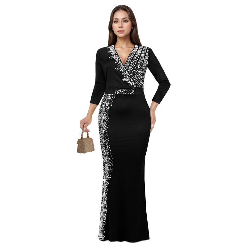 Cross-border AliExpress Amazon European and American Fashion Womens Elegant Rhinestone Middle Sleeve V-neck dress C7290 C7290-black 