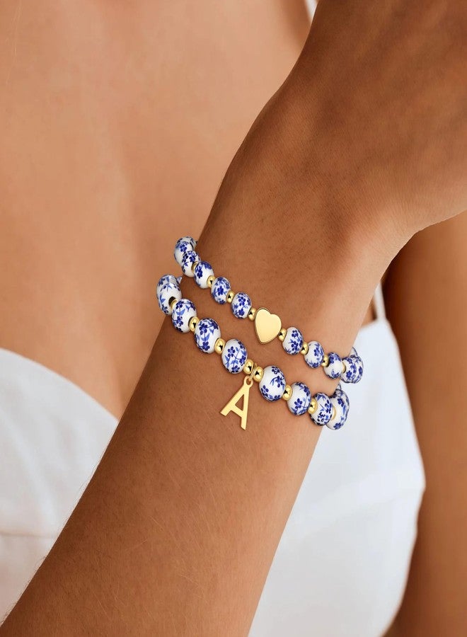 Maxcate Heart Initial Bracelet for Women - 2PCS Flower Vintage Heart G Initial Bracelet Handmade Stretch Gold Beaded Dainty Romantic Jewelry Gift for Women - Image 2