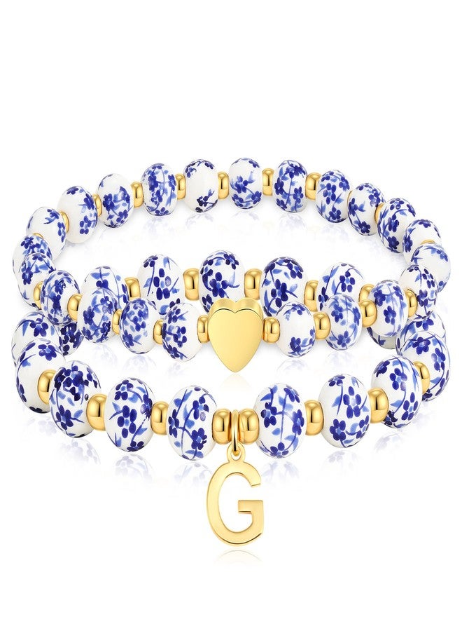 Maxcate Heart Initial Bracelet for Women - 2PCS Flower Vintage Heart G Initial Bracelet Handmade Stretch Gold Beaded Dainty Romantic Jewelry Gift for Women - Image 1