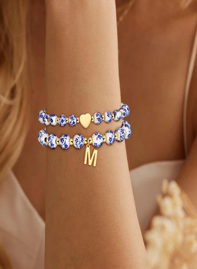 Maxcate Heart Initial Bracelet for Women - 2PCS Flower Vintage Heart G Initial Bracelet Handmade Stretch Gold Beaded Dainty Romantic Jewelry Gift for Women - Image 4
