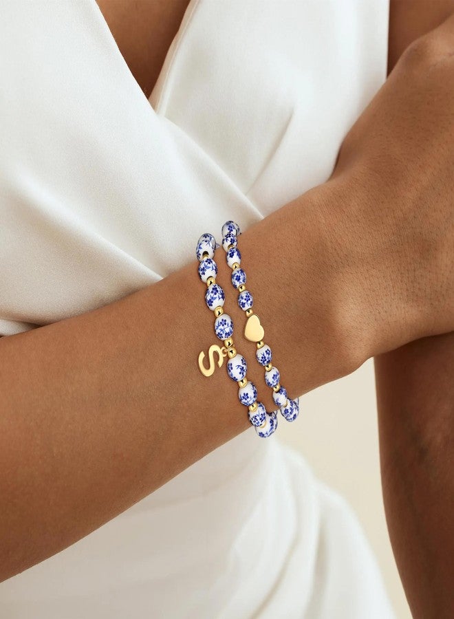 Maxcate Heart Initial Bracelet for Women - 2PCS Flower Vintage Heart G Initial Bracelet Handmade Stretch Gold Beaded Dainty Romantic Jewelry Gift for Women - Image 5
