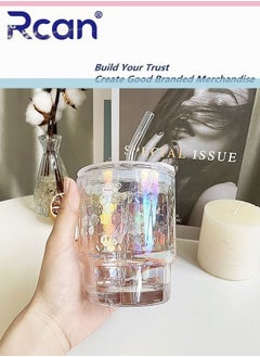 Rcan Aurora Color Portable Glass Water Bottle With Lid Pop-up Drink Mouth Hole Sealed Leak Proof Ice Cold Drink Coffee Milk Juice Water Drinking Cup for Kids Adults  - Image 1