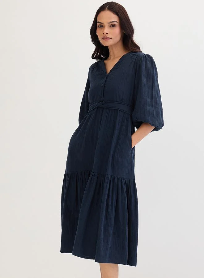 Femmella Dark Blue Cotton Knot Detail Midi Dress