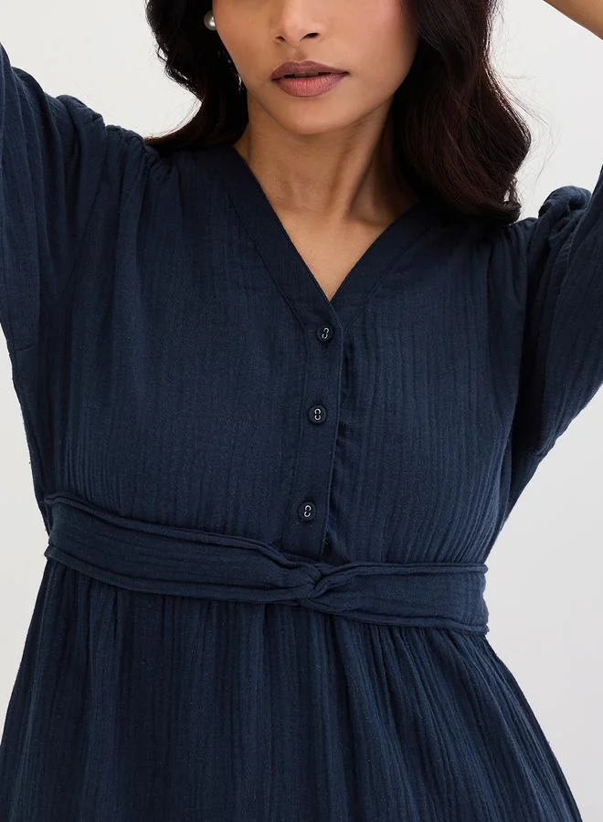 Femmella navy blue Dark Blue Cotton Knot Detail Midi Dress for Women | Best Price UAE