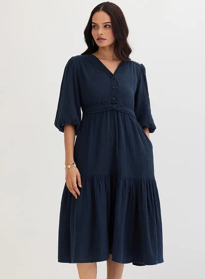 Femmella Dark Blue Cotton Knot Detail Midi Dress