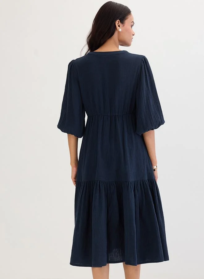 Femmella navy blue Dark Blue Cotton Knot Detail Midi Dress for Women | Best Price UAE