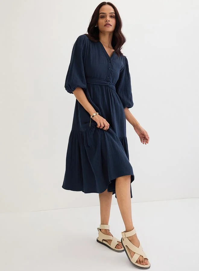 Femmella navy blue Dark Blue Cotton Knot Detail Midi Dress for Women | Best Price UAE