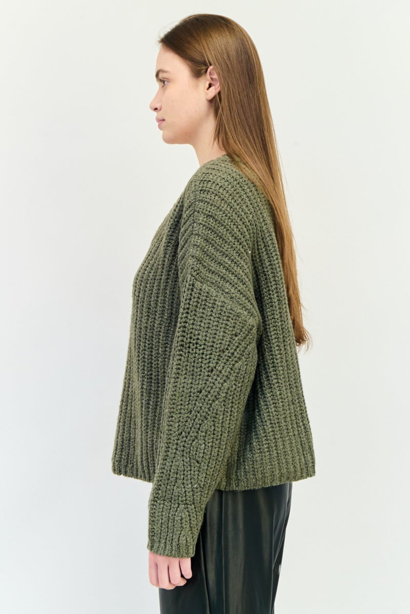 Aerie Women Round Neck Textured Sweater, Olive - Image 4