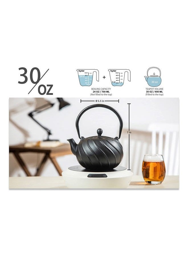 toptier Tea Kettle, Japanese Cast Iron Teapot with Infuser, Cast Iron Tea Kettle Stovetop Safe, Wave Design Teapot Coated with Enameled Interior for 30 Ounce (900 ml), Midnight Black - Image 4