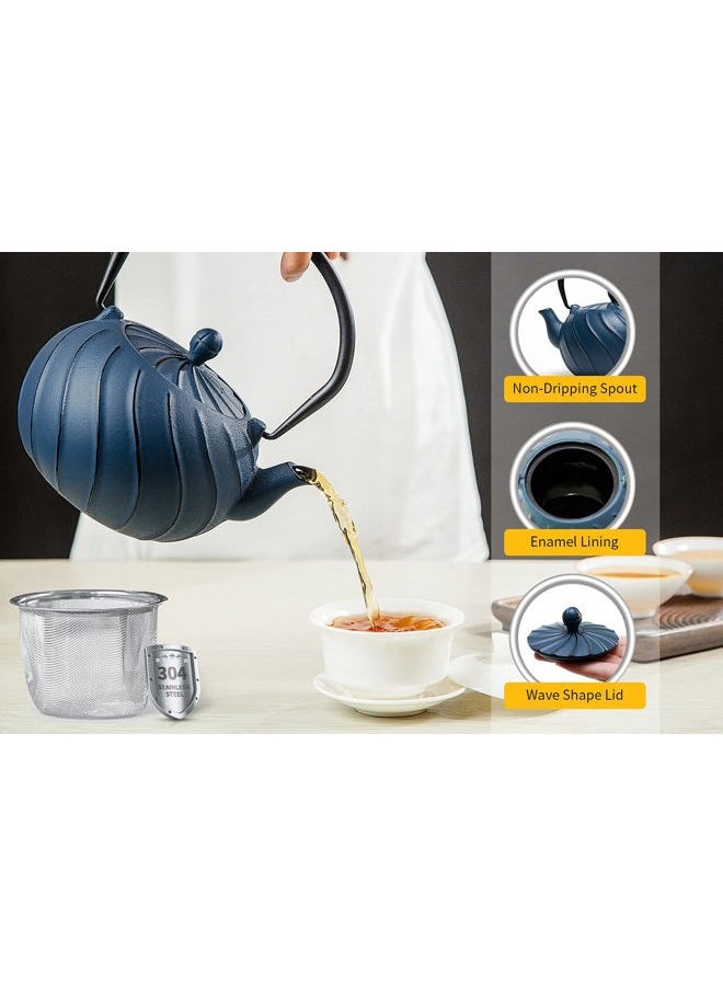 toptier Tea Kettle, Japanese Cast Iron Teapot with Infuser, Cast Iron Tea Kettle Stovetop Safe, Wave Design Teapot Coated with Enameled Interior for 30 Ounce (900 ml), Midnight Black - Image 5