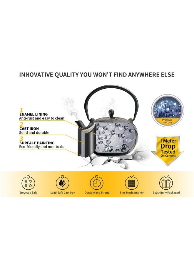 toptier Tea Kettle, Japanese Cast Iron Teapot with Infuser, Cast Iron Tea Kettle Stovetop Safe, Wave Design Teapot Coated with Enameled Interior for 30 Ounce (900 ml), Midnight Black - Image 2