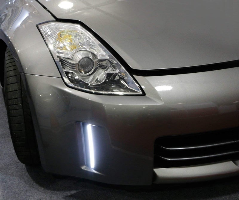 iJDMTOY أضواء تشغيل نهارية LED بيضاء زينون واضحة متوافقة مع نيسان 350Z LCI من 06-09، بديل عاكس الصدام الأمامي بالضبط - Image 3