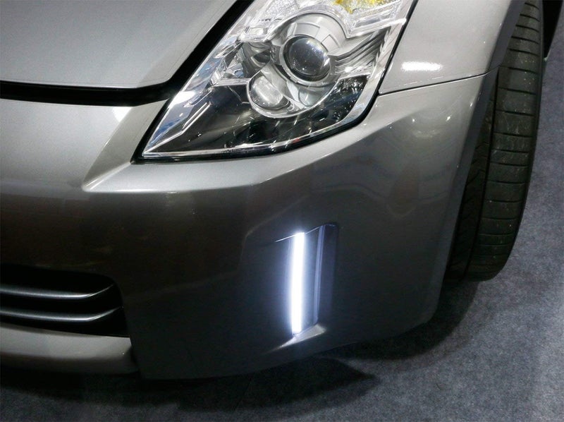 iJDMTOY أضواء تشغيل نهارية LED بيضاء زينون واضحة متوافقة مع نيسان 350Z LCI من 06-09، بديل عاكس الصدام الأمامي بالضبط - Image 4