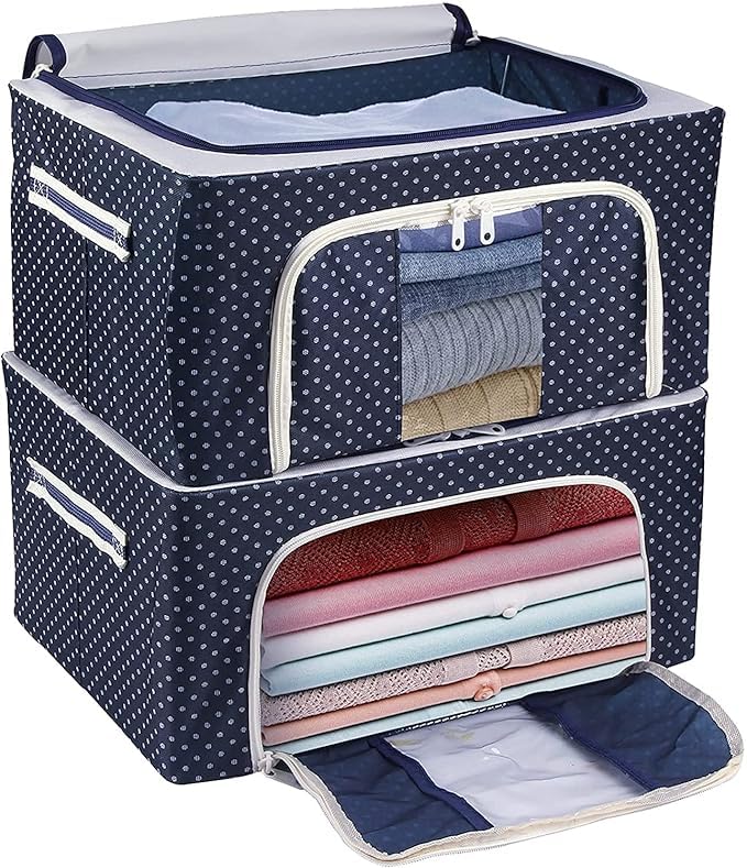 Cri8Hub 66 LTR (PACK OF 2) Oxford Fabric Metal Frame Wardrobe Organizer Storage Boxes for Clothes,Saree,Blazers,Coat Blanket, Dresses with Zip and Transparent Window - Blue Polka Dots - Image 2