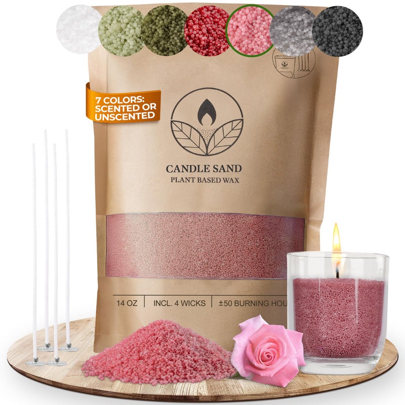 comforder Scented Candle Sand with Wicks, Pearled Candle, Wax Granules, 14oz Sand Wax Granules + 4 Wicks (Pink, Rose) - Image 1