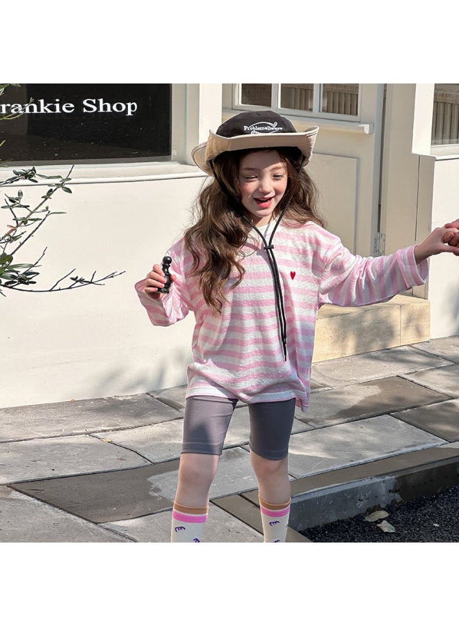Summer Children's Long-sleeved Striped Sun-protective Shirt For Men And Women Middle And Big Children's Lightweight Tencel Embroidered T-shirt Trendy - Image 1