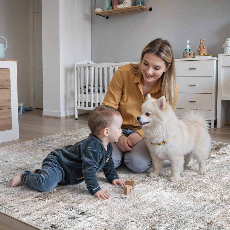Soalmost Abstract Rug 8x10 Large Living Room Rugs Neutral Modern Washable Area Rugs for Bedroom Dining Room Non-Slip Stain Resistant Foldable Thin Rug Grey Pink - Image 3