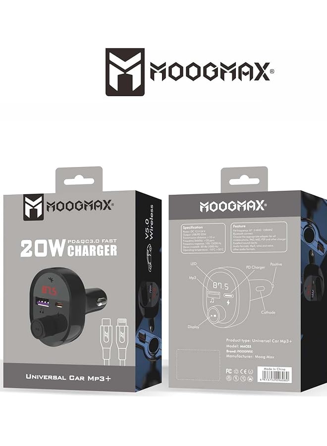 MOOGMAX Mp3 Bluetooth And Car Charger With Multi Charging Ports (Type-C Pd And Usb) 20W, With Type-C Iphone Charging Cable  - Image 3