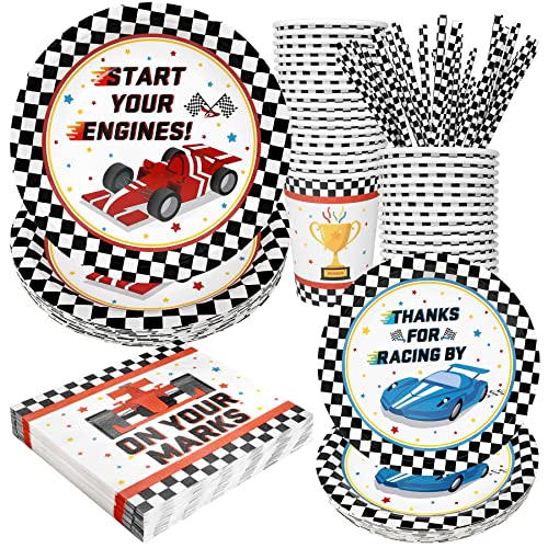 Recheel Racing Car Party Supplies Decorations, Checked Race Car Theme Birthday Paper Plates and Napkins Set with Cups and Straws for 24 Guests, 120 Pcs Disposable Party Dessert Dinnerwares - Image 1