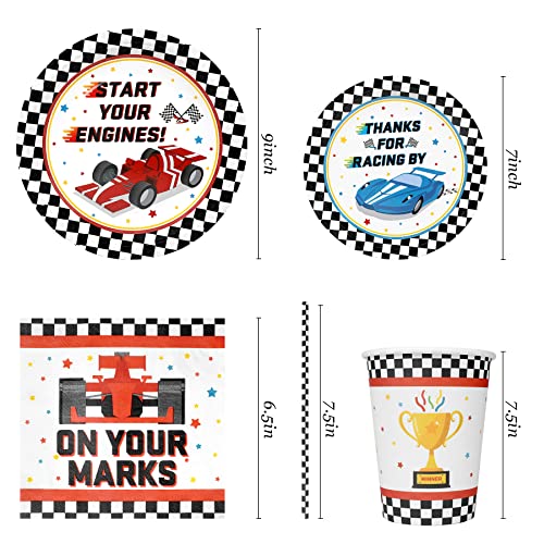 Recheel Racing Car Party Supplies Decorations, Checked Race Car Theme Birthday Paper Plates and Napkins Set with Cups and Straws for 24 Guests, 120 Pcs Disposable Party Dessert Dinnerwares - Image 2