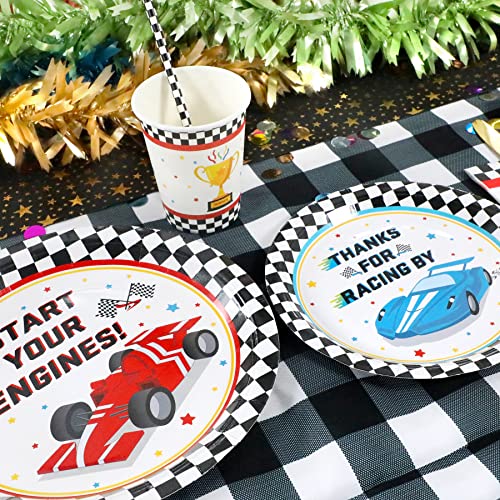 Recheel Racing Car Party Supplies Decorations, Checked Race Car Theme Birthday Paper Plates and Napkins Set with Cups and Straws for 24 Guests, 120 Pcs Disposable Party Dessert Dinnerwares - Image 4