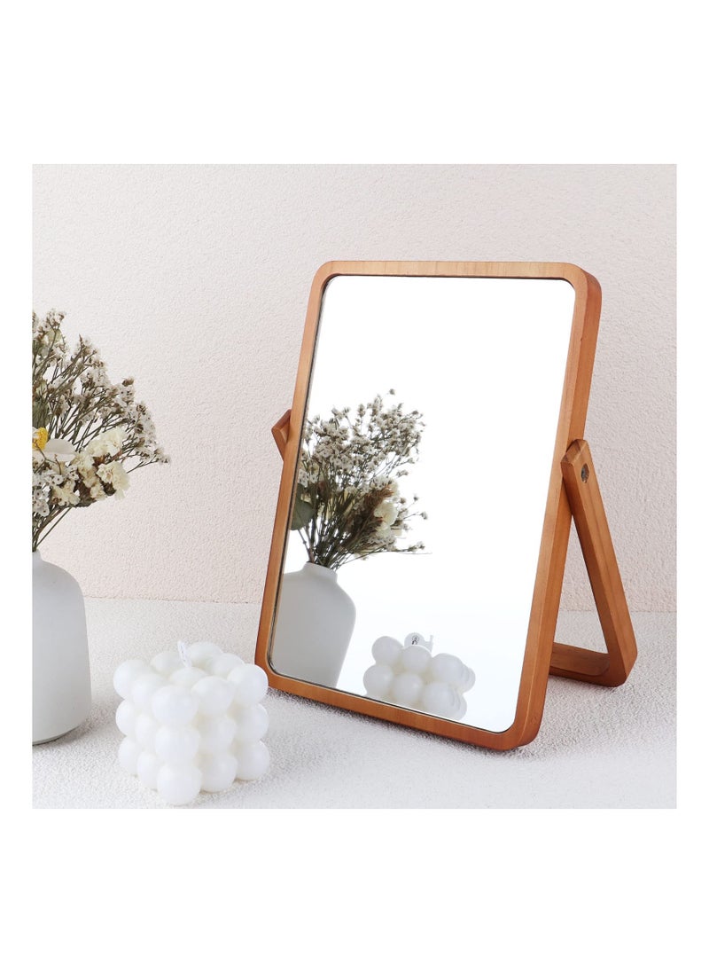 Wooden Desk Mirror for Makeup, Small Rounded Rectangle Natural Cosmetic with Adjustable Stand Makeup Table, Aesthetic Decor Wall Table Mirrors Bathroom Bedroom  - Image 1