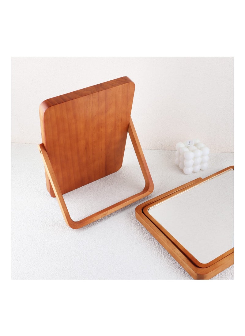 Wooden Desk Mirror for Makeup, Small Rounded Rectangle Natural Cosmetic with Adjustable Stand Makeup Table, Aesthetic Decor Wall Table Mirrors Bathroom Bedroom  - Image 4