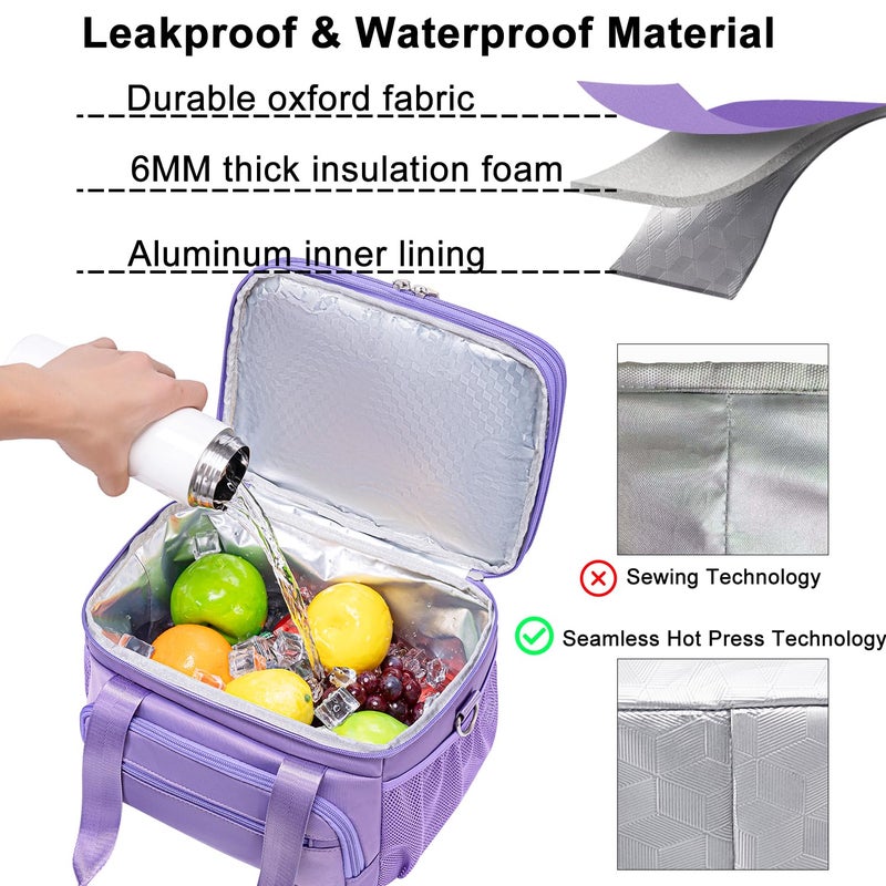 Weitars Insulated Lunch Box for Women Men-Dual Compartment Waterproof Reusable Large Lunch Bag Wide-Open Tote Cooler Bag for Working Picnic Hiking (15L) (Purple) - Image 2