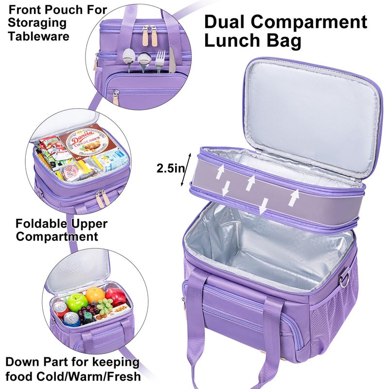 Weitars Insulated Lunch Box for Women Men-Dual Compartment Waterproof Reusable Large Lunch Bag Wide-Open Tote Cooler Bag for Working Picnic Hiking (15L) (Purple) - Image 4