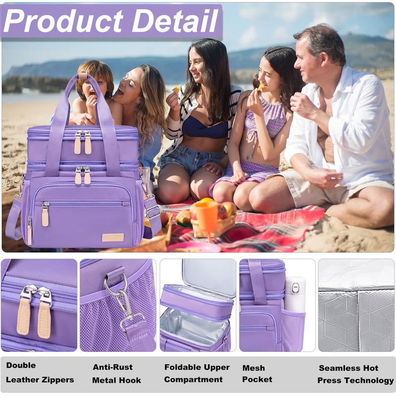 Weitars Insulated Lunch Box for Women Men-Dual Compartment Waterproof Reusable Large Lunch Bag Wide-Open Tote Cooler Bag for Working Picnic Hiking (15L) (Purple) - Image 5